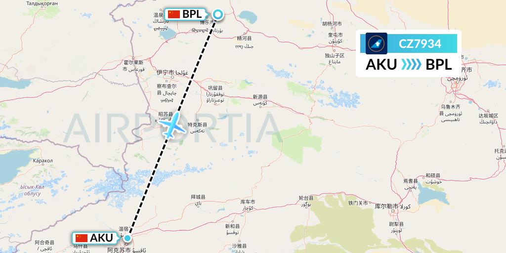 CZ7934 China Southern Airlines Flight Map: Aksu to Bole