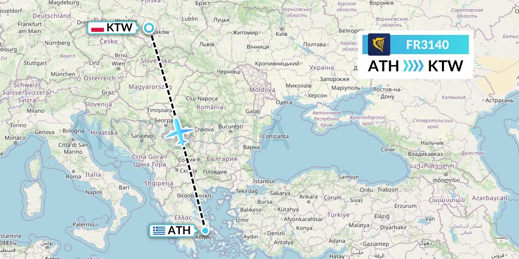 FR3140 Ryanair Flight Map: Athens to Katowice