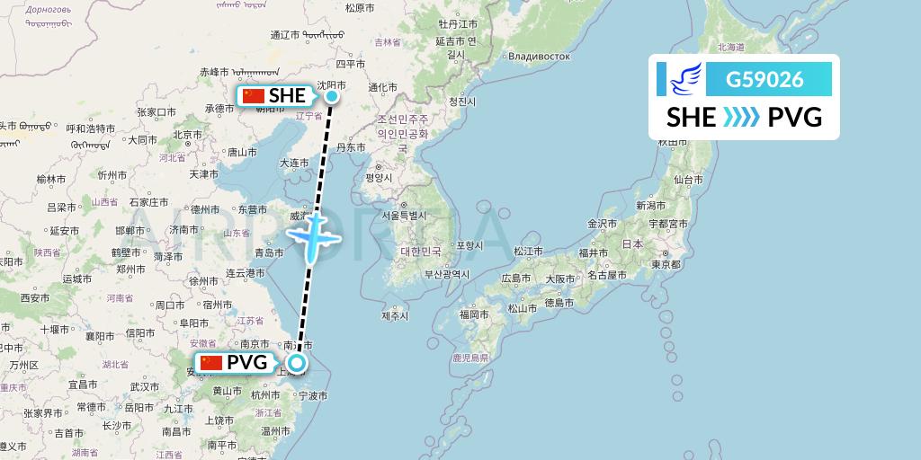 G59026 China Express Airlines Flight Map: Shenyang to Shanghai