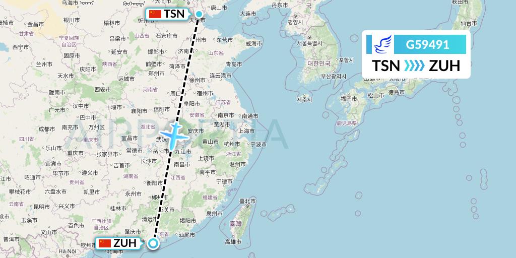 G59491 China Express Airlines Flight Map: Tianjin to Zhuhai