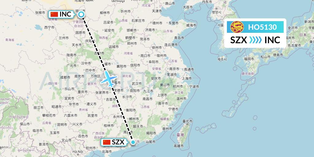 HO5130 Juneyao Airlines Flight Map: Shenzhen to Yinchuan