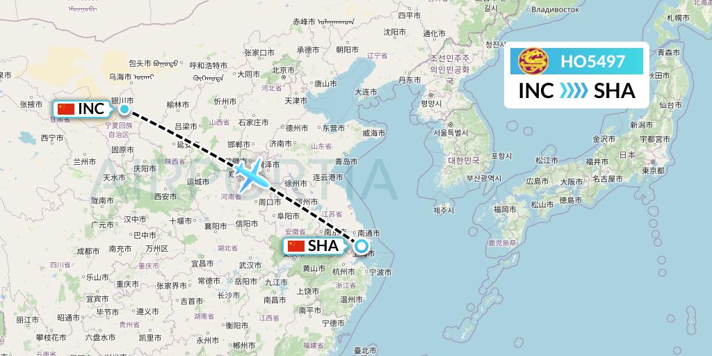 HO5497 Juneyao Airlines Flight Map: Yinchuan to Shanghai