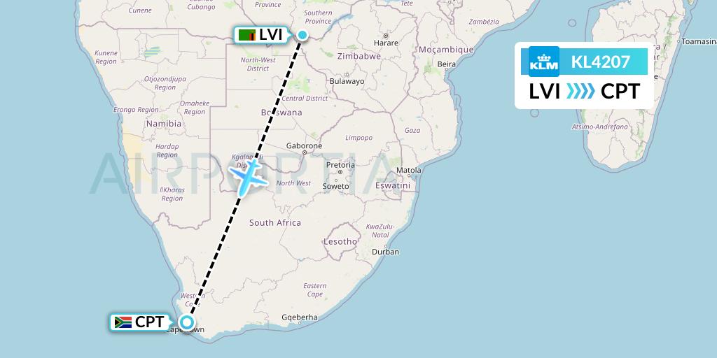 KL4207 KLM Flight Map: Livingstone to Cape Town
