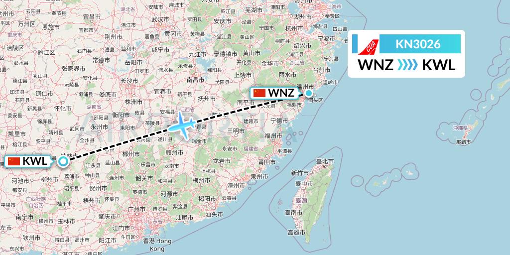 KN3026 China United Airlines Flight Map: Wenzhou to Guilin