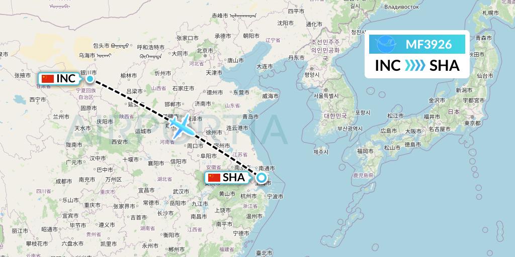 MF3926 Xiamen Airlines Flight Map: Yinchuan to Shanghai