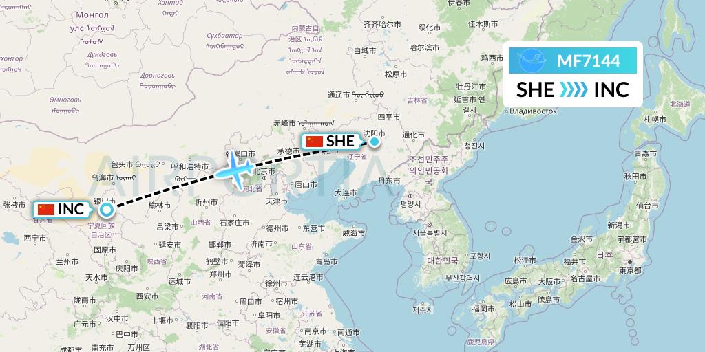 MF7144 Xiamen Airlines Flight Map: Shenyang to Yinchuan