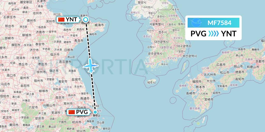 MF7584 Xiamen Airlines Flight Map: Shanghai to Yantai