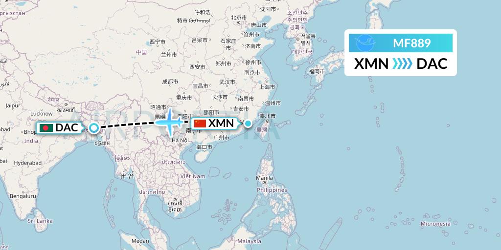 MF889 Xiamen Airlines Flight Map: Xiamen to Dhaka