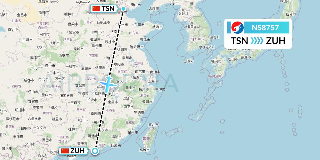 NS8757 Hebei Airlines Flight Map: Tianjin to Zhuhai