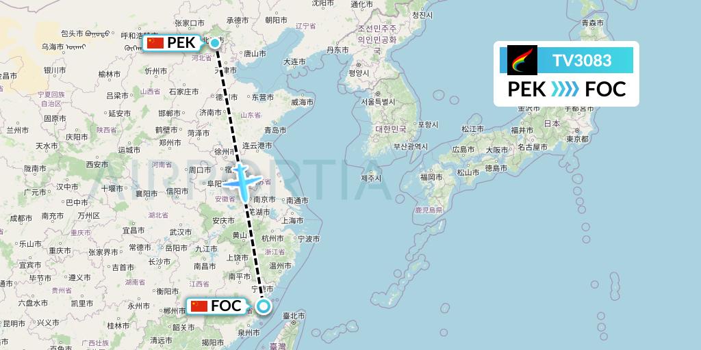 TV3083 Tibet Airlines Flight Map: Beijing to Fuzhou