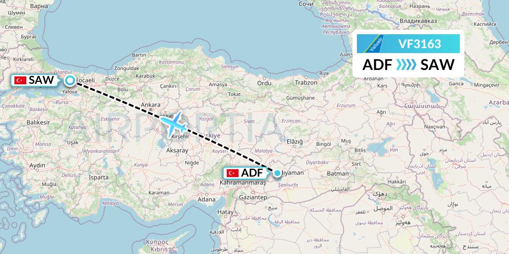 VF3163 ValuAir Flight Map: Adiyaman to Istanbul