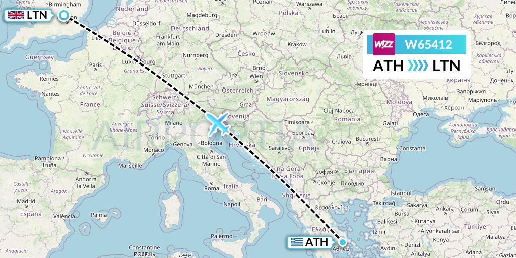 W65412 Wizz Air Flight Map: Athens to London