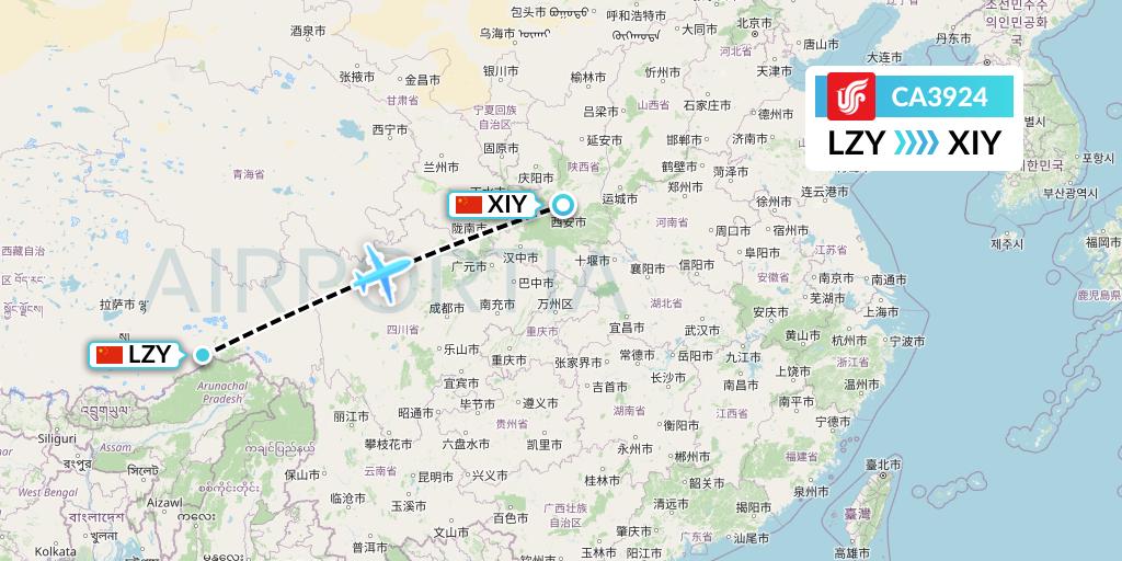 CA3924 Air China Flight Map: Nyingchi to Xi'an
