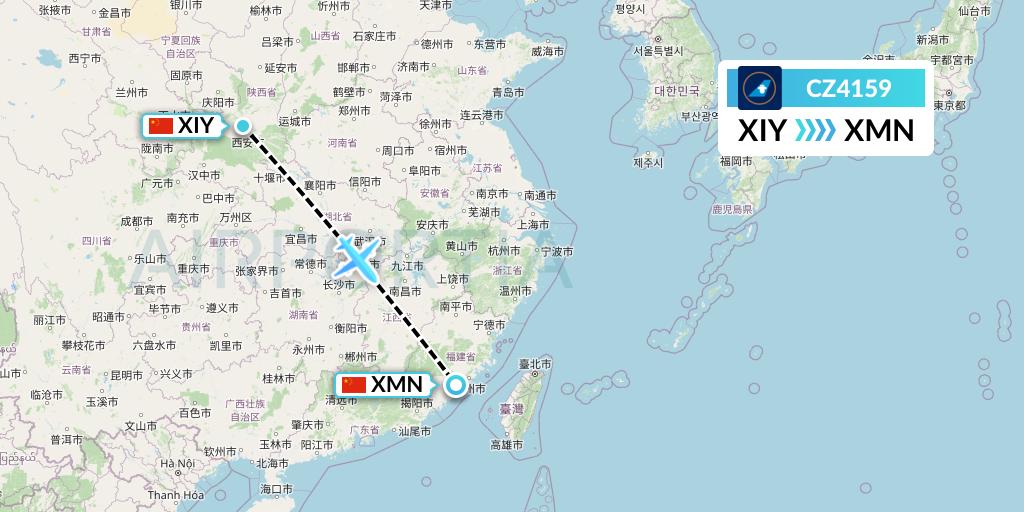 CZ4159 China Southern Airlines Flight Map: Xi'an to Xiamen