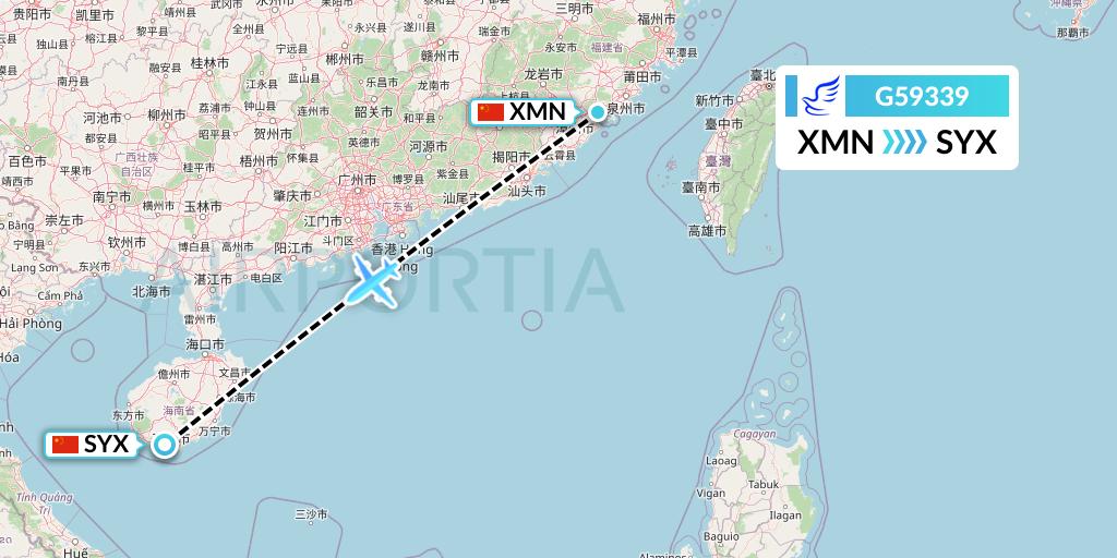 G59339 China Express Airlines Flight Map: Xiamen to Sanya