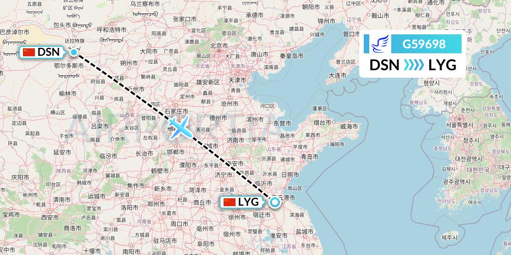 G59698 China Express Airlines Flight Map: Dongsheng to Lianyungang