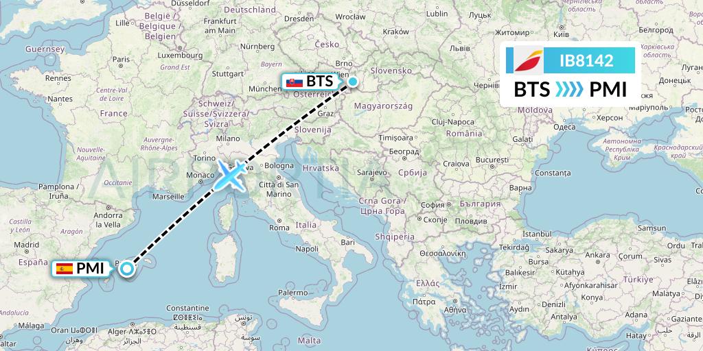 IB8142 Iberia Flight Map: Bratislava to Palma de Mallorca