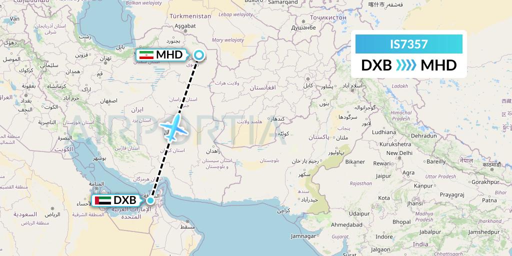 IS7357 Sepehran Airlines Flight Map: Dubai to Mashhad