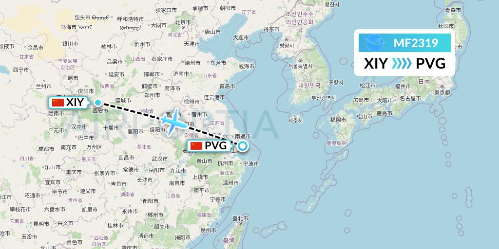 MF2319 Xiamen Airlines Flight Map: Xi'an to Shanghai
