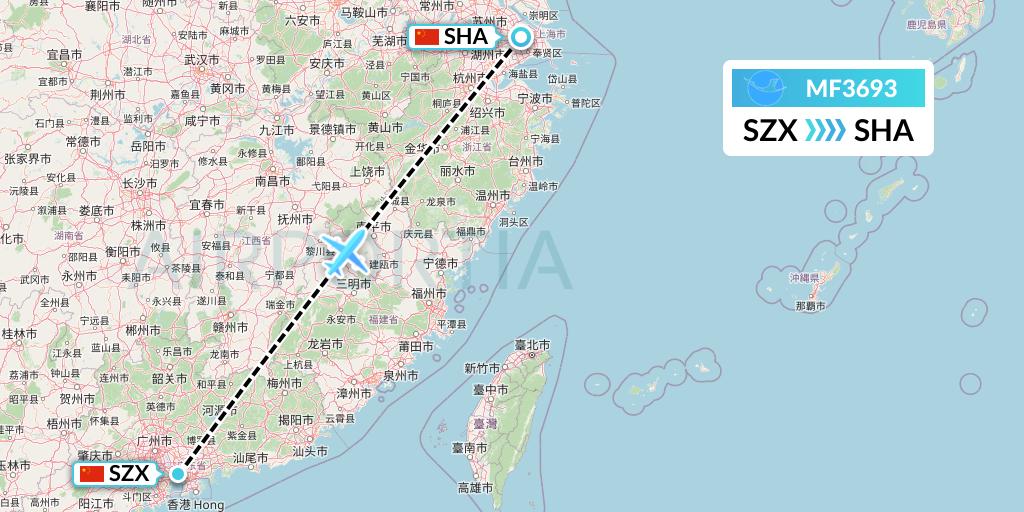 MF3693 Xiamen Airlines Flight Map: Shenzhen to Shanghai