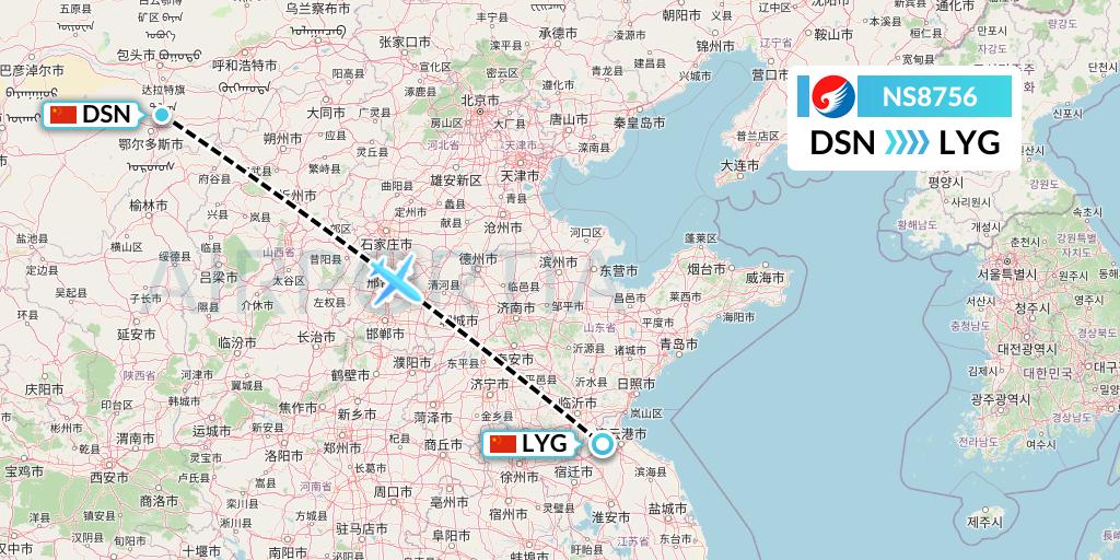 NS8756 Hebei Airlines Flight Map: Dongsheng to Lianyungang