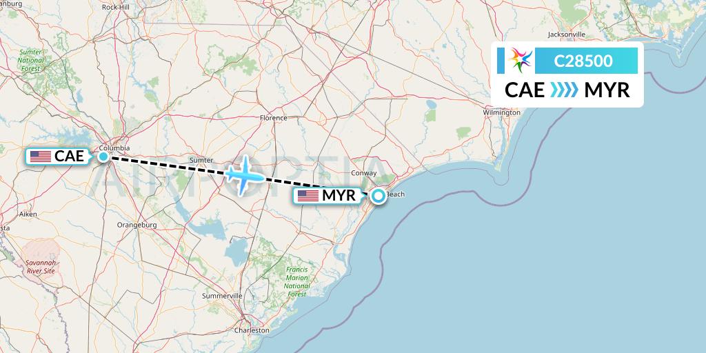 C28500 Ceiba Intercontinental Flight Map: Columbia to Myrtle Beach