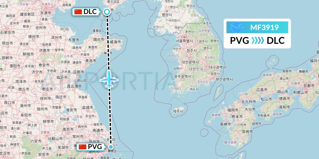 MF3919 Xiamen Airlines Flight Map: Shanghai to Dalian