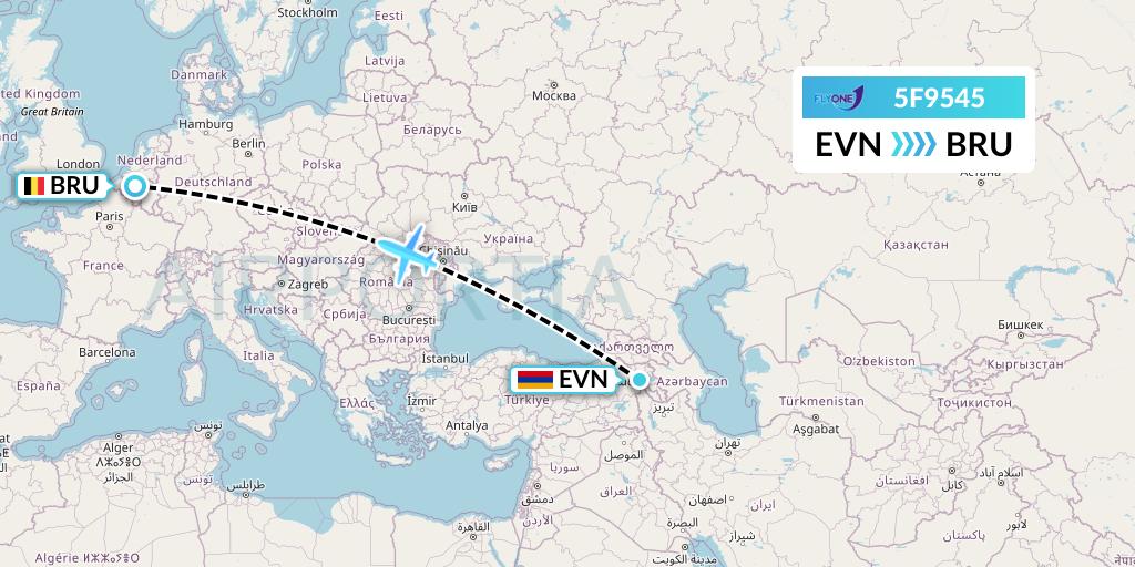 5F9545 Fly One Flight Map: Yerevan to Brussels