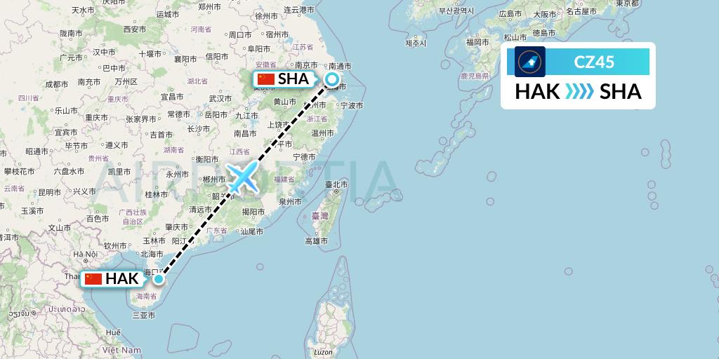 CZ45 China Southern Airlines Flight Map: Haikou to Shanghai
