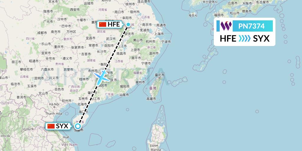 PN7374 China West Air Flight Map: Hefei to Sanya