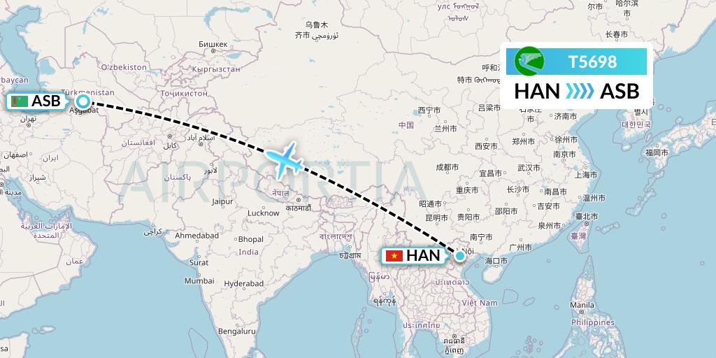 T5698 Turkmenistan Airlines Flight Map: Hanoi to Ashgabat