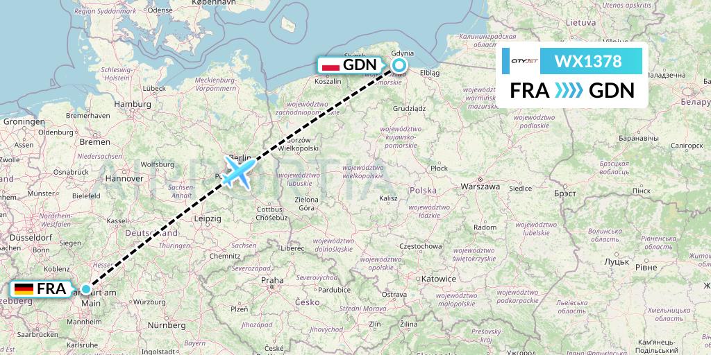WX1378 Cityjet Flight Map: Frankfurt to Gdansk
