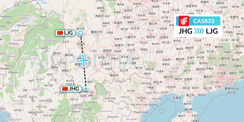 CA5833 Air China Flight Map: Jinghong to Lijiang