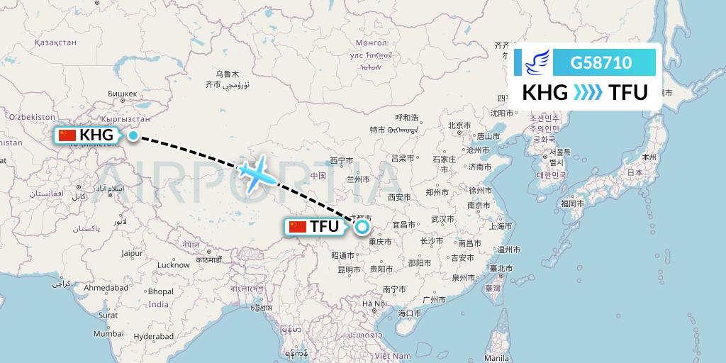 G58710 China Express Airlines Flight Map: Kashgar to Chengdu
