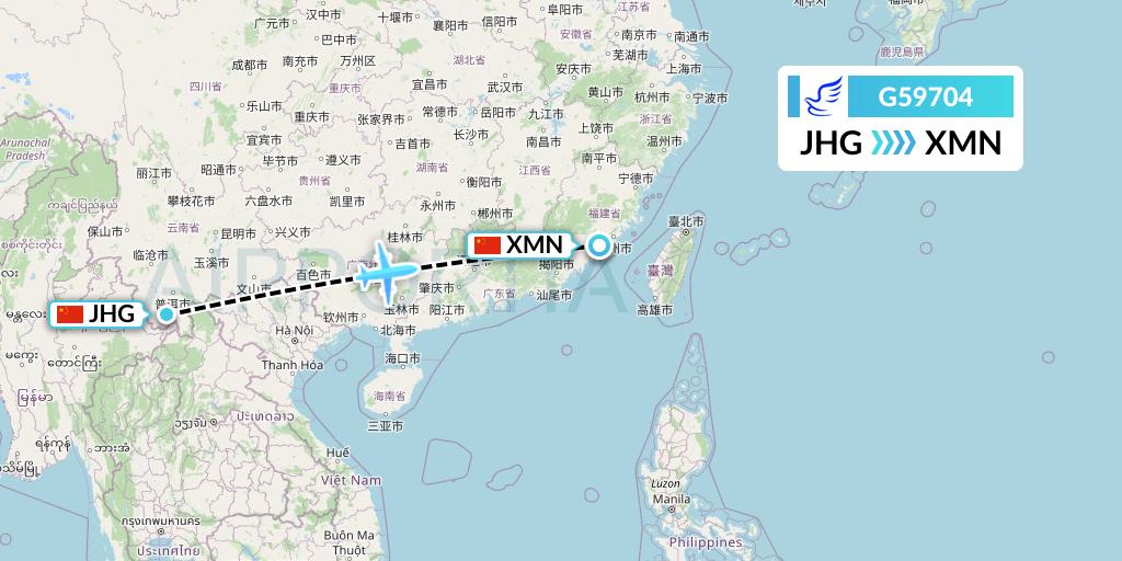 G59704 China Express Airlines Flight Map: Jinghong to Xiamen