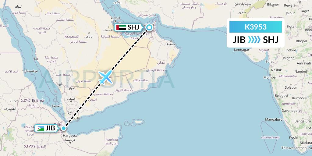 K3953 Taquan Air Flight Map: Djibouti to Sharjah