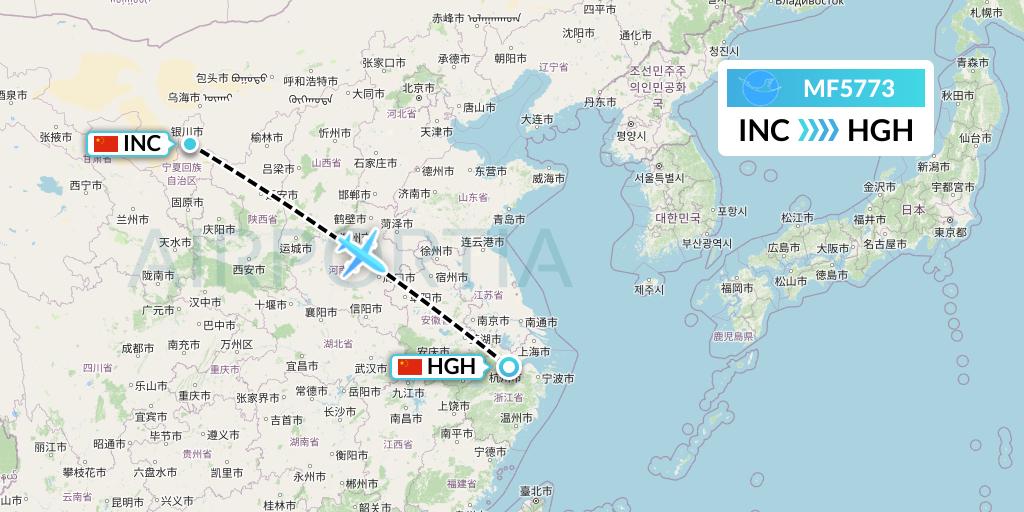 MF5773 Xiamen Airlines Flight Map: Yinchuan to Hangzhou