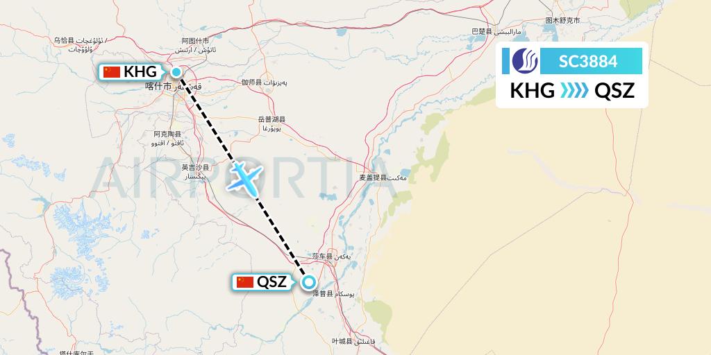 SC3884 Shandong Airlines Flight Map: Kashgar to Hotan