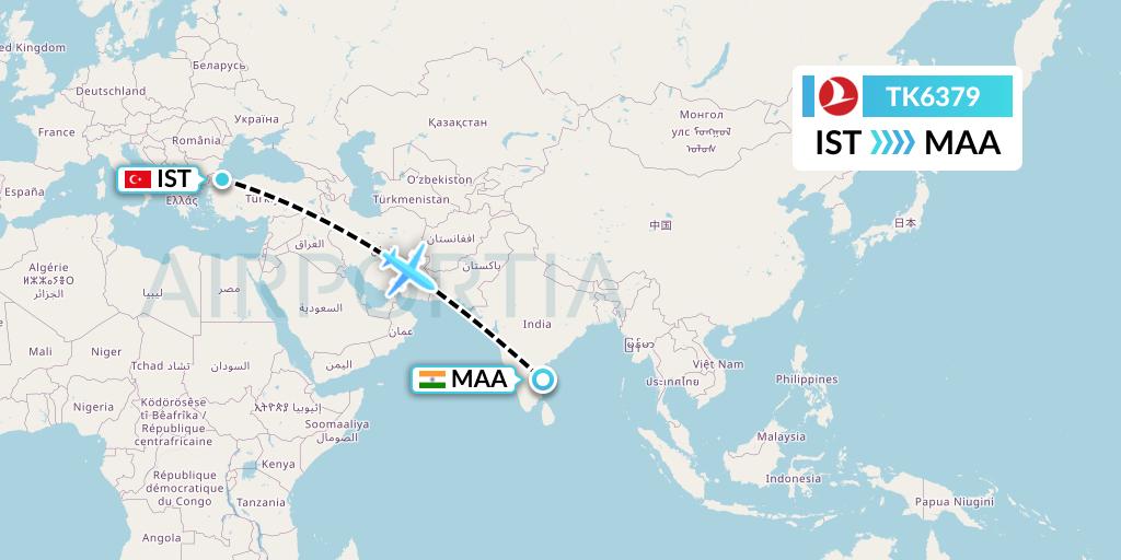 TK6379 Turkish Airlines Flight Map: Istanbul to Chennai