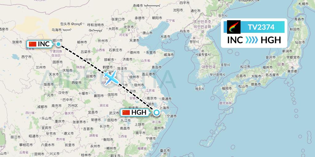 TV2374 Tibet Airlines Flight Map: Yinchuan to Hangzhou