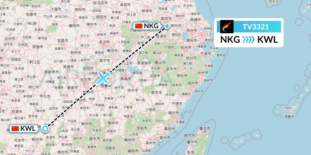 TV3321 Tibet Airlines Flight Map: Nanjing to Guilin