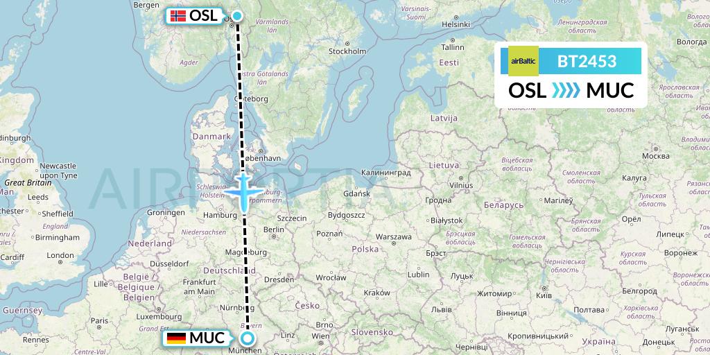 BT2453 Air Baltic Flight Map: Oslo to Munich