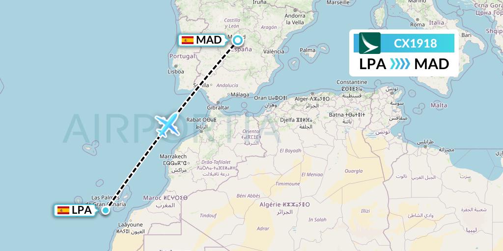 CX1918 Cathay Pacific Flight Map: Las Palmas to Madrid