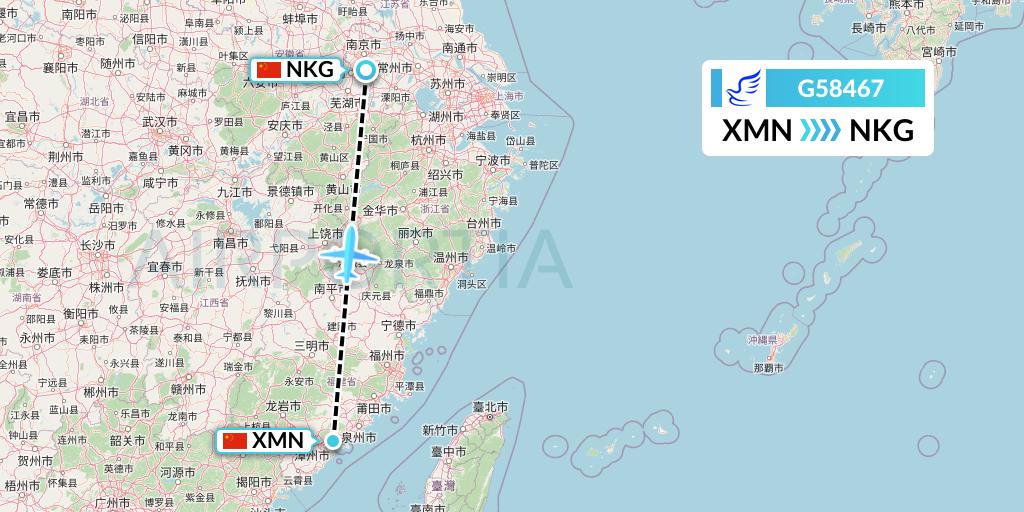 G58467 China Express Airlines Flight Map: Xiamen to Nanjing