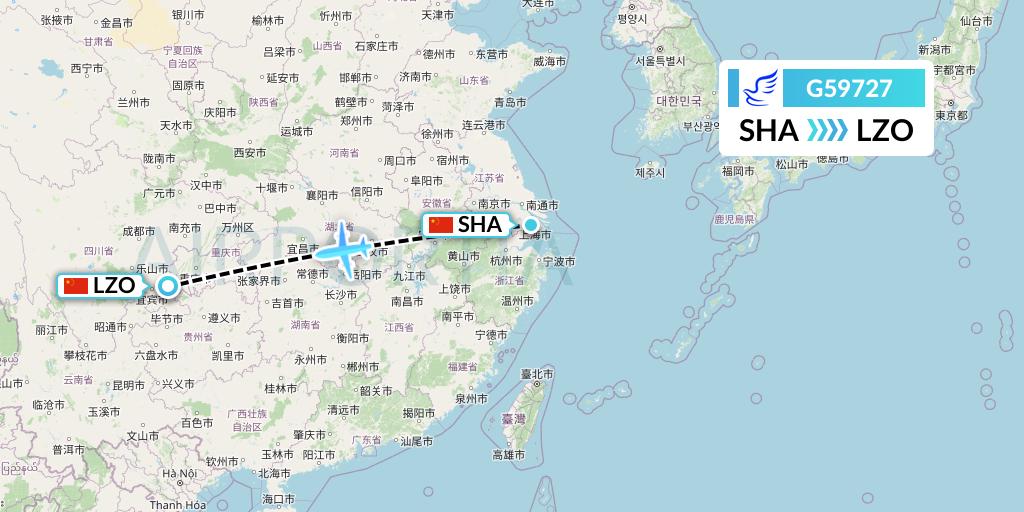 G59727 China Express Airlines Flight Map: Shanghai to Luzhou