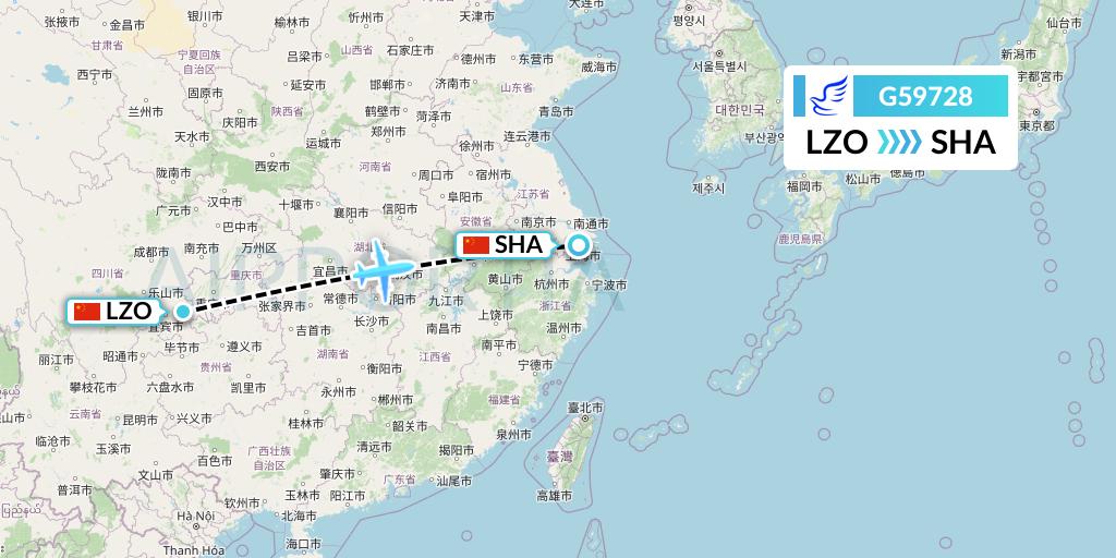 G59728 China Express Airlines Flight Map: Luzhou to Shanghai