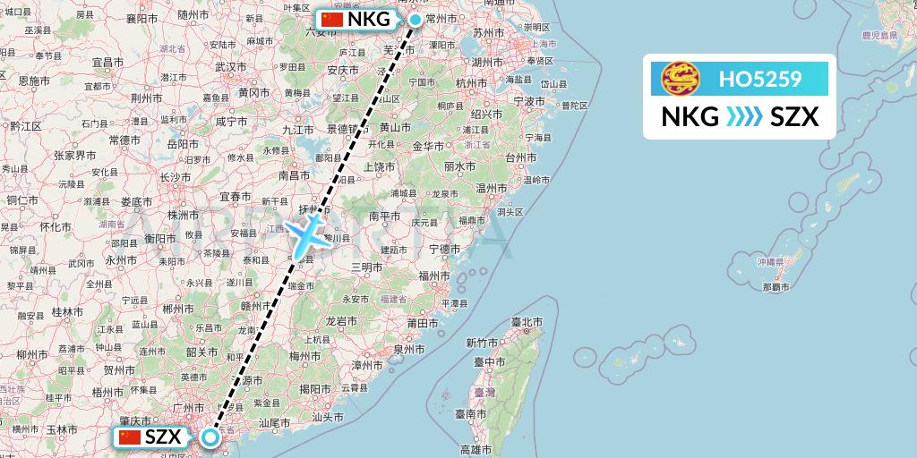 HO5259 Juneyao Airlines Flight Map: Nanjing to Shenzhen