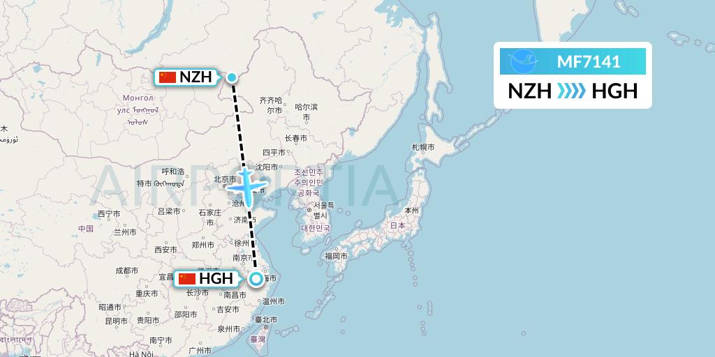 MF7141 Xiamen Airlines Flight Map: Manzhouli to Hangzhou