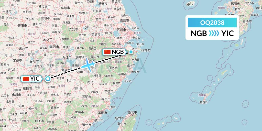 OQ2038 Chongqing Airlines Flight Map: Ningbo to Yichun