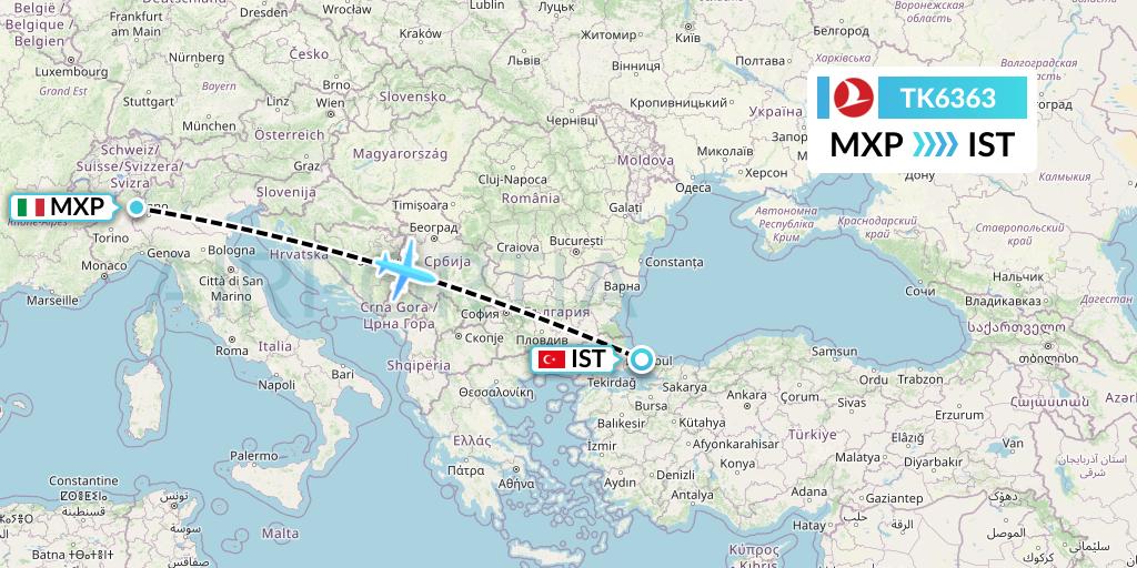 TK6363 Turkish Airlines Flight Map: Milan to Istanbul